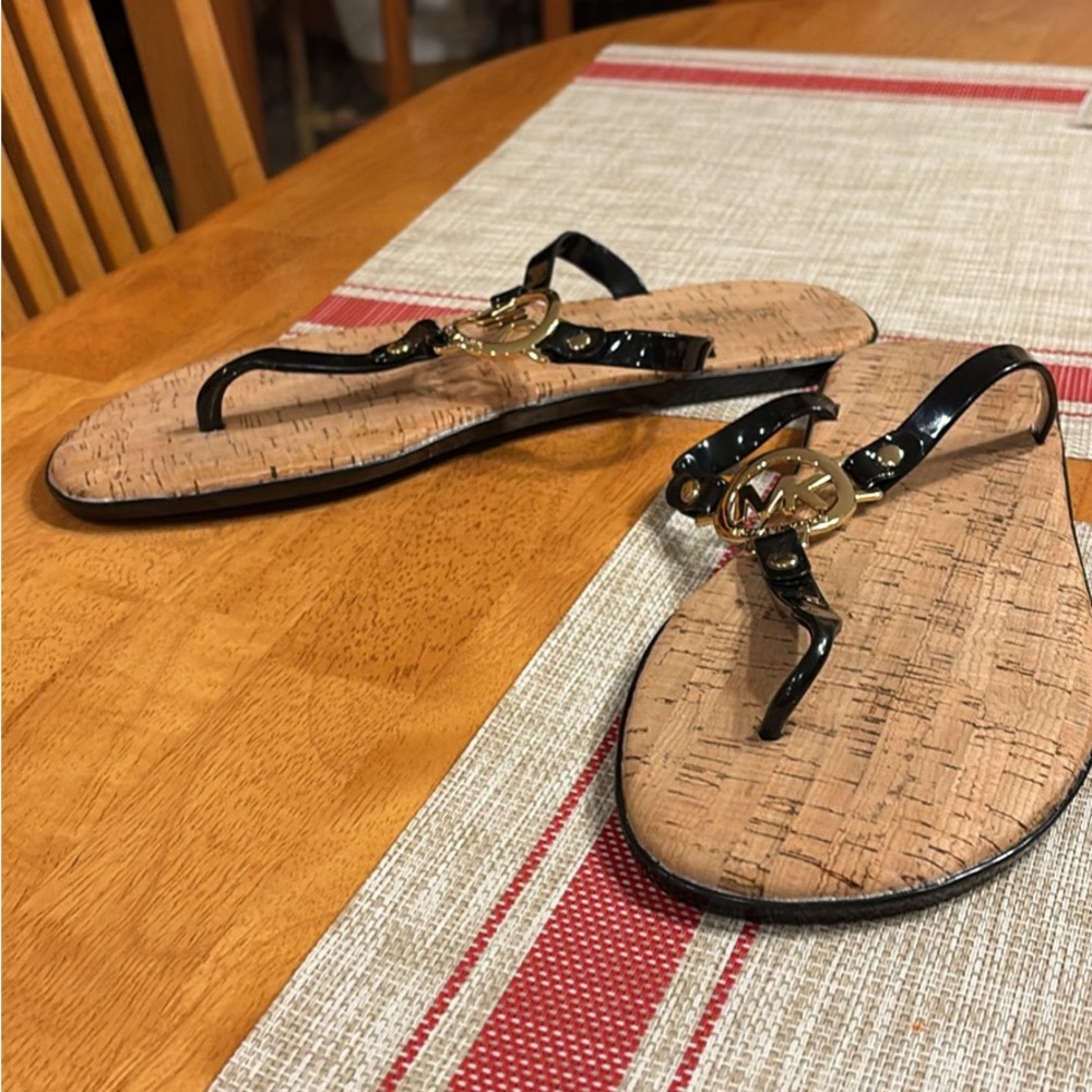 Michael Kors Black Patent Thong Sandals with Gold MK Emblem
